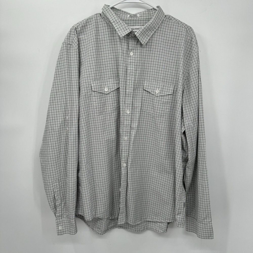Calvin Klein XXL Button Down Shirt Men Grey White Micro Check Long Sleeve Cotton